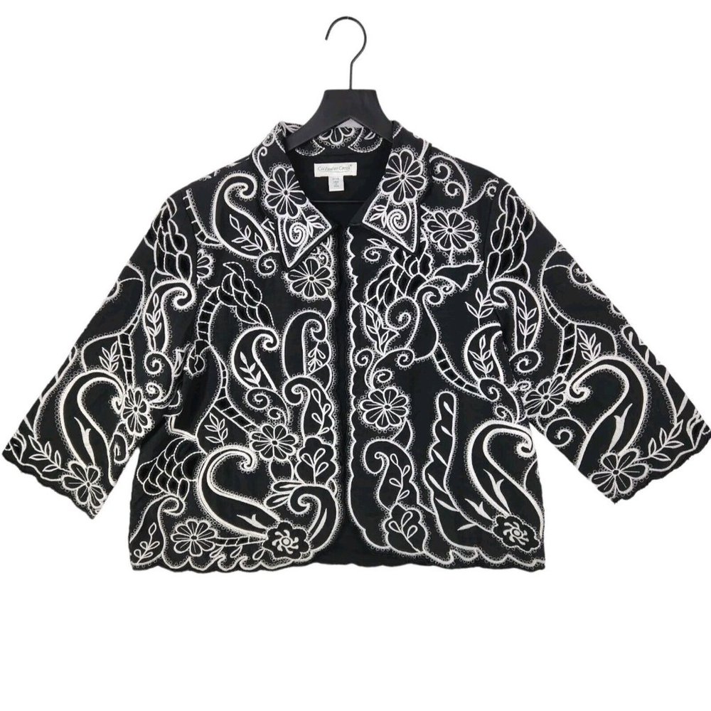 Coldwater Creek Open Blazer 14P Black White Floral Cut-Outs Embroidered Dressy